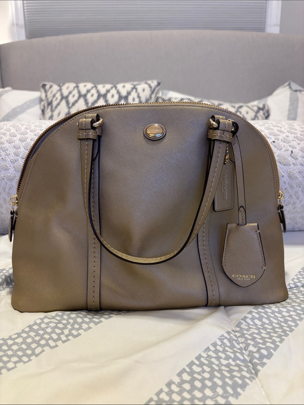 COACH Gold Metallic Saffiano Dome Satchel with Gold Hardware